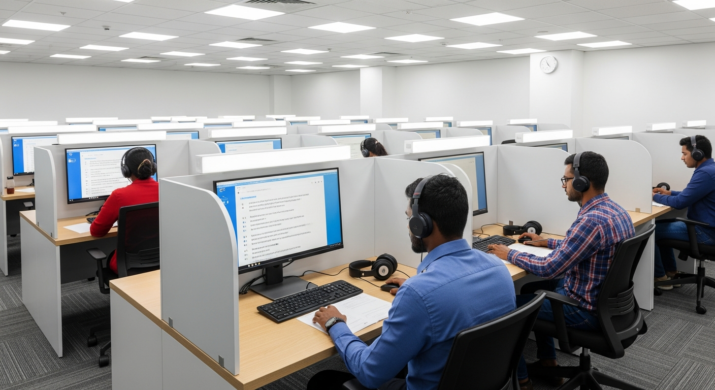 AI_IMAGE: Interior of a modern computer-based testing center with rows of individual desks separated by privacy dividers, each with a monitor and headphones, soft overhead LED lighting, clean minimal design with light wood surfaces and white walls, a few Sri Lankan candidates seated taking tests, professional and calm atmosphere | photorealistic | landscape
