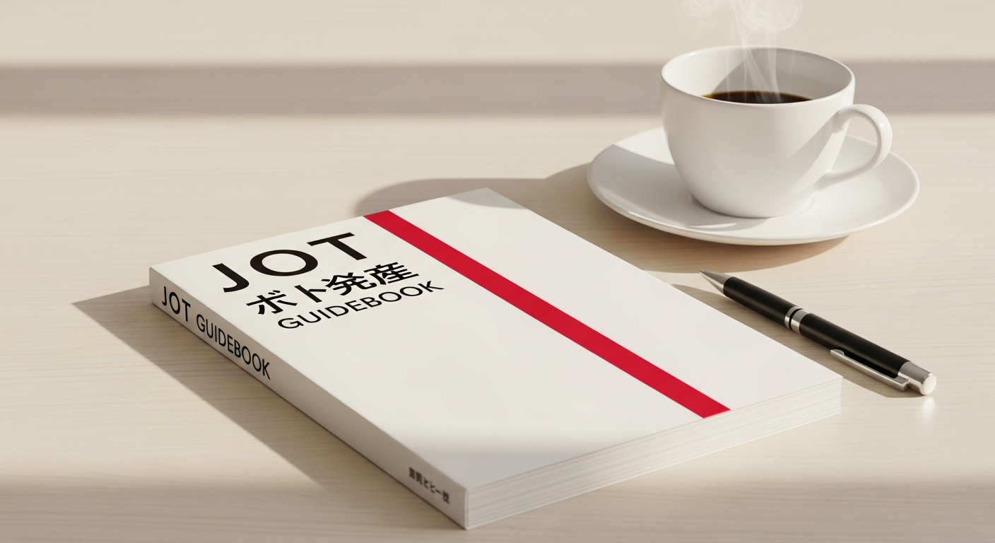 AI_IMAGE: A professional guidebook or study manual with a clean cover design showing the title JOT Guidebook in Japanese and English, a crimson accent stripe along the spine, the booklet is slightly open on a clean desk next to a cup of coffee and a pen, soft warm natural light, minimal clean composition | photorealistic | landscape