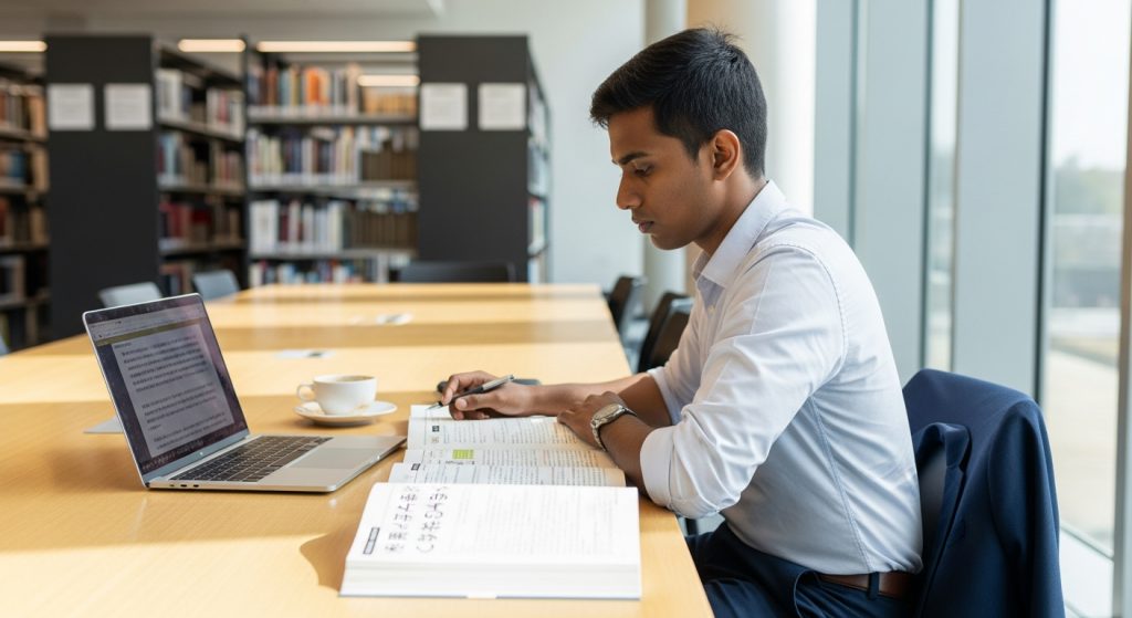 AI_IMAGE: A Sri Lankan university student in smart casual clothing studying Japanese textbooks at a modern library desk, laptop open beside the books showing Japanese characters, natural daylight from large windows, bookshelves in the soft background, focused studious atmosphere | photorealistic | landscape