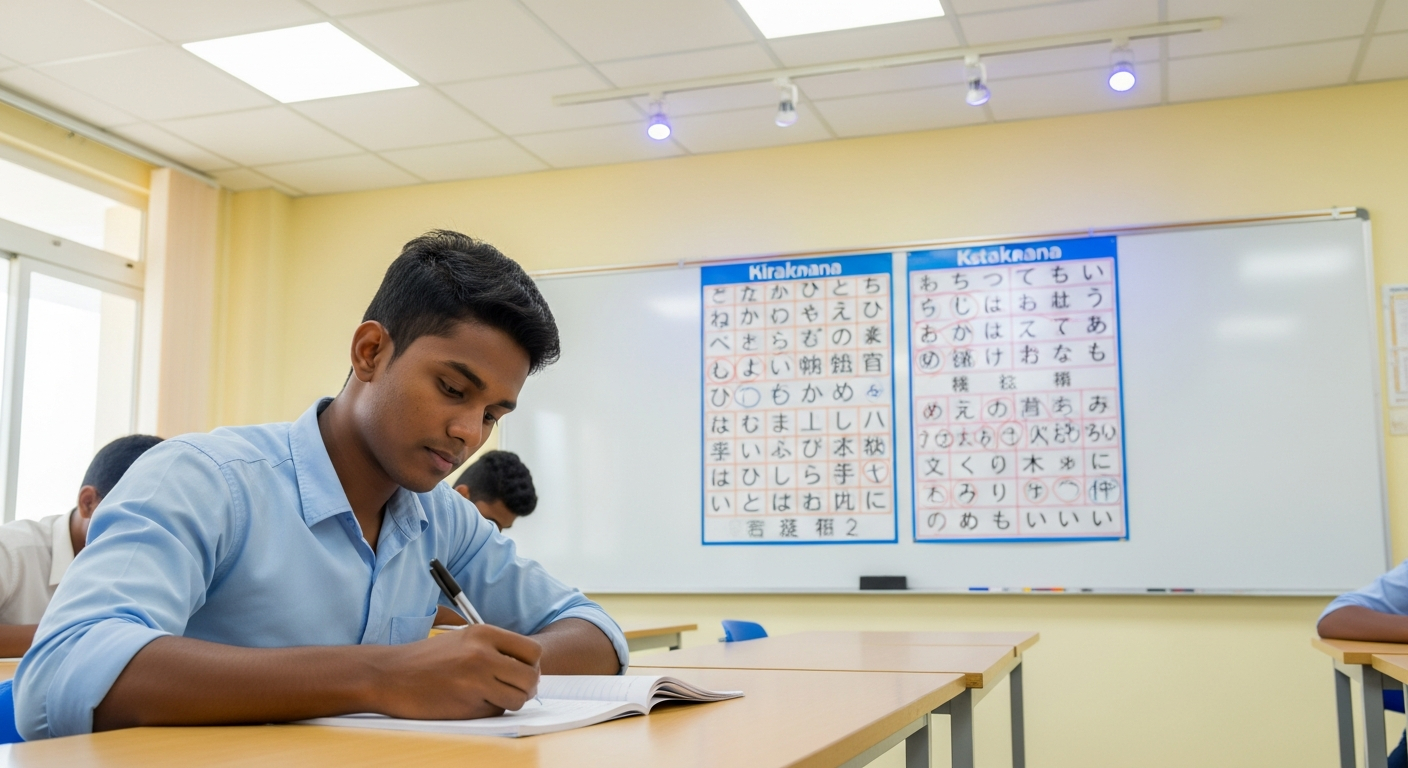 AI_IMAGE: A young Sri Lankan man sitting at a classroom desk writing in a notebook, Japanese hiragana and katakana charts visible on the whiteboard behind him, other students partially visible in the background, bright classroom with fluorescent lighting and simple furnishings, warm educational atmosphere | photorealistic | landscape